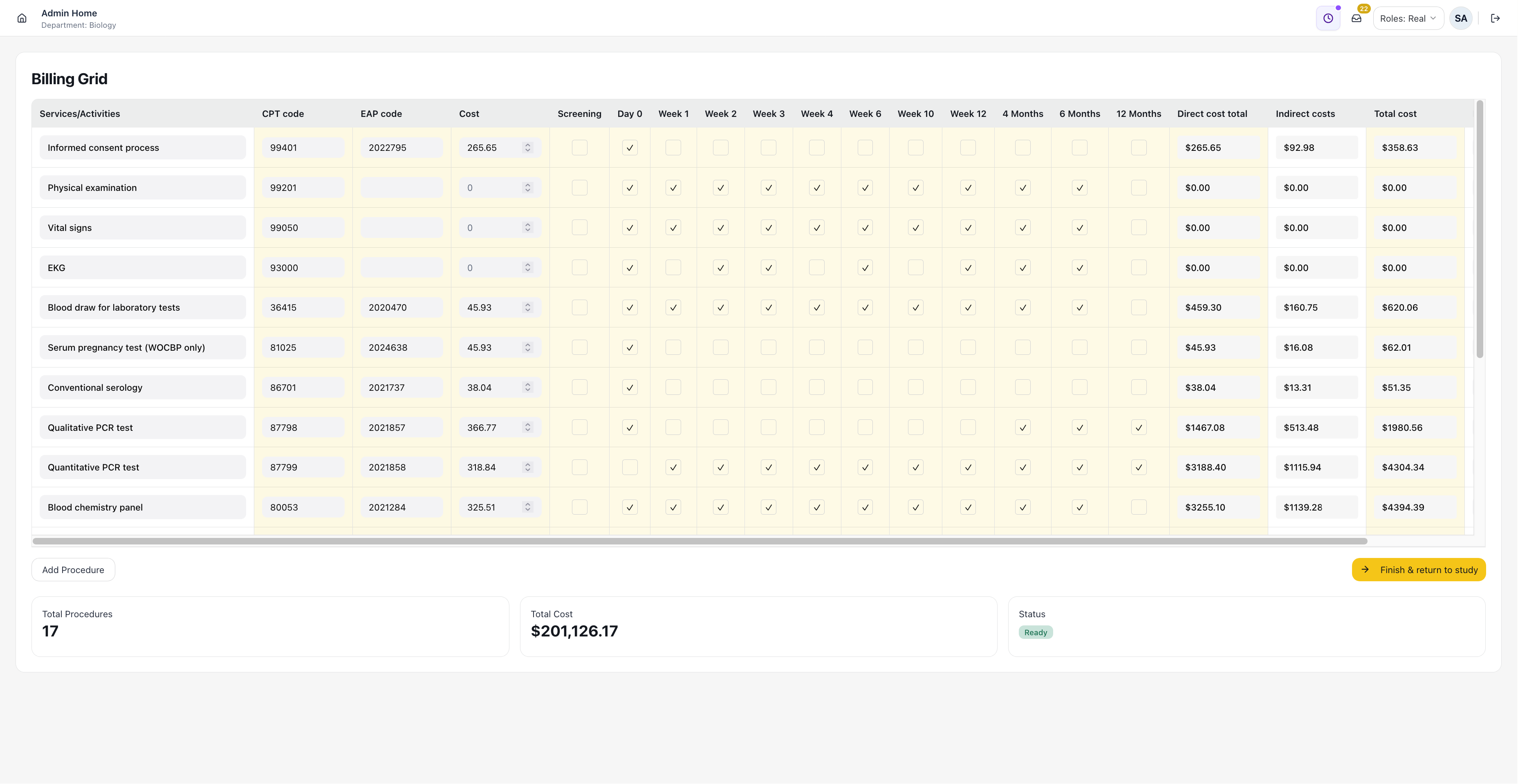 Billing grid with visit schedules, procedure costs, and study totals