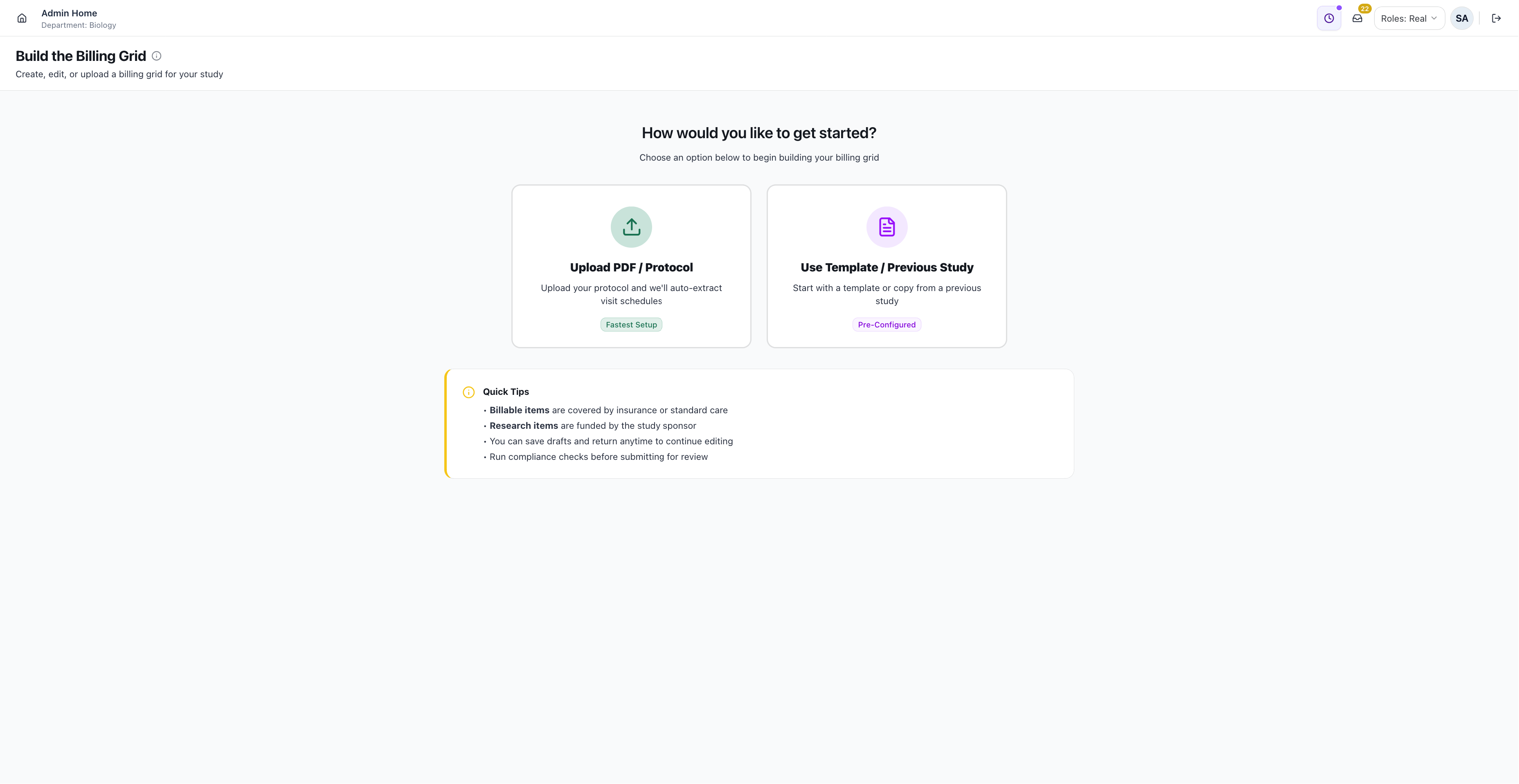 Billing grid setup — upload protocol or start from a template