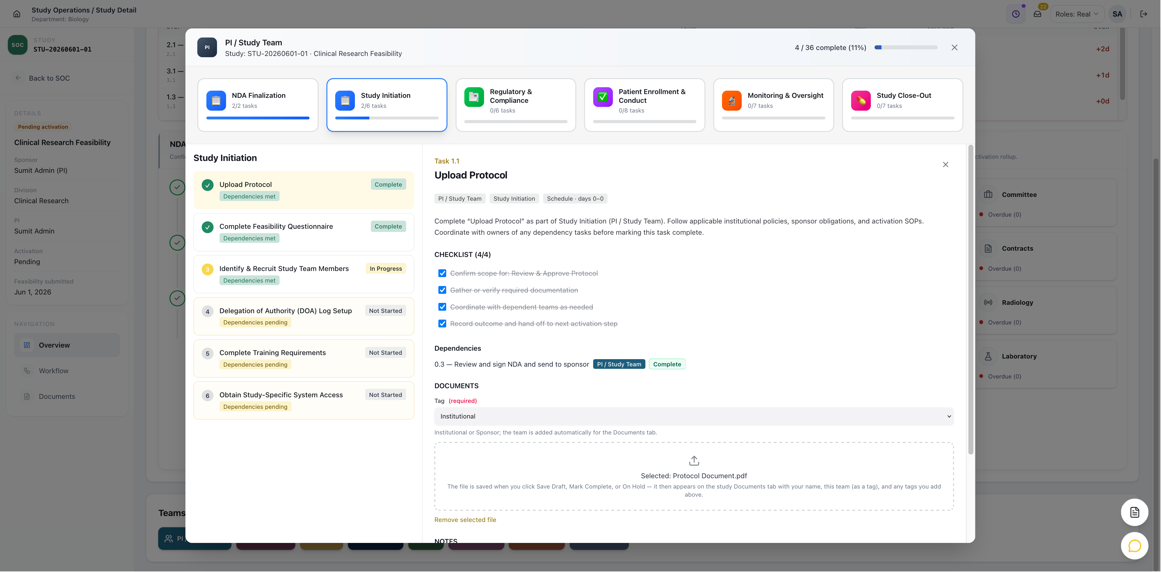 Study initiation modal with phase tracker, task checklist, and document upload